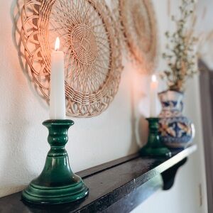 Pair of Glass Green Candlestick Holder